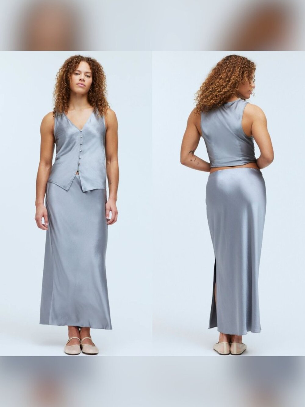 Madewell Bias-Cut Satin Maxi Slip Skirt Size 12 Dusk Gray Elastic Waist Flowy